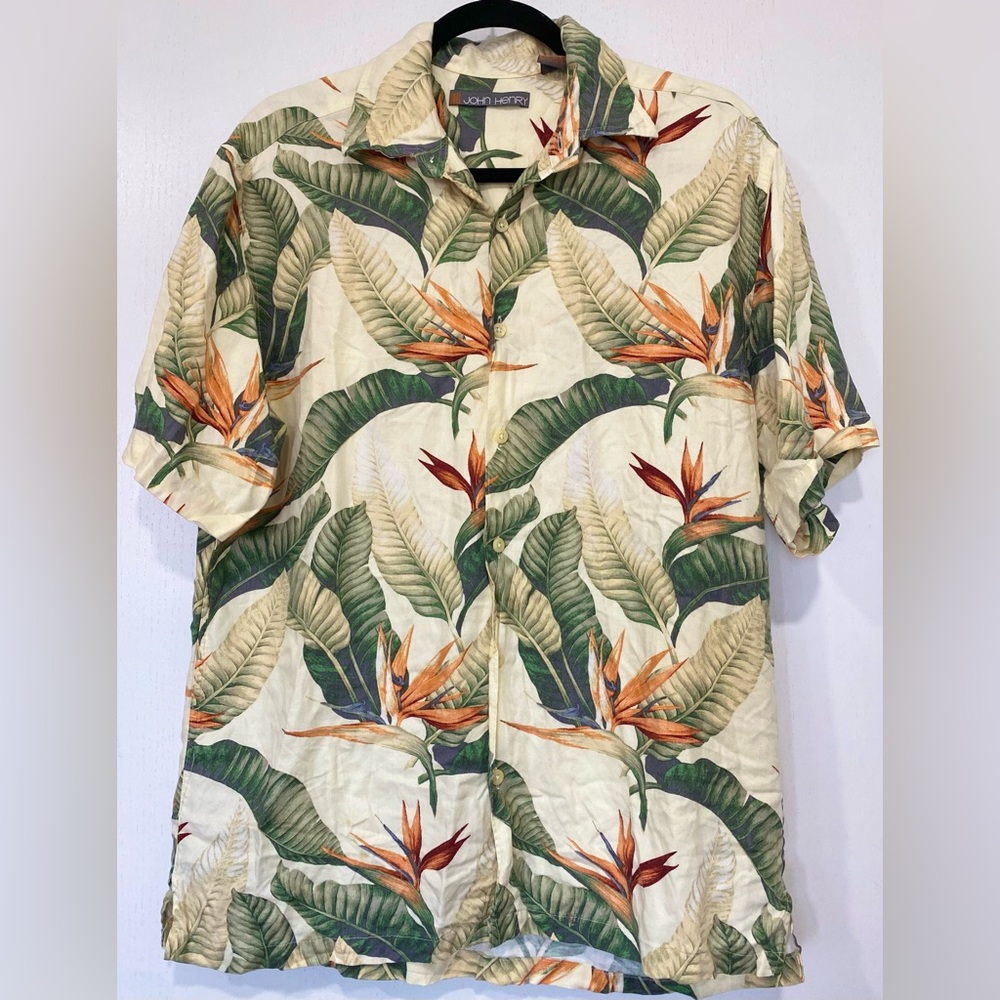 Cream and Green Casual Button Down Shirt with Tropical Print